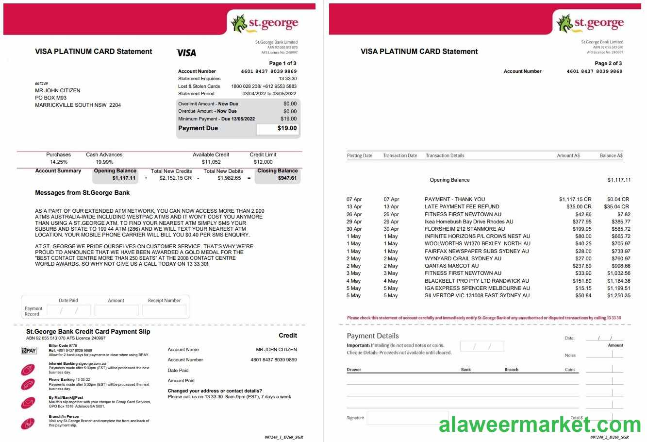 USA St. George bank visa card statement 3 pages